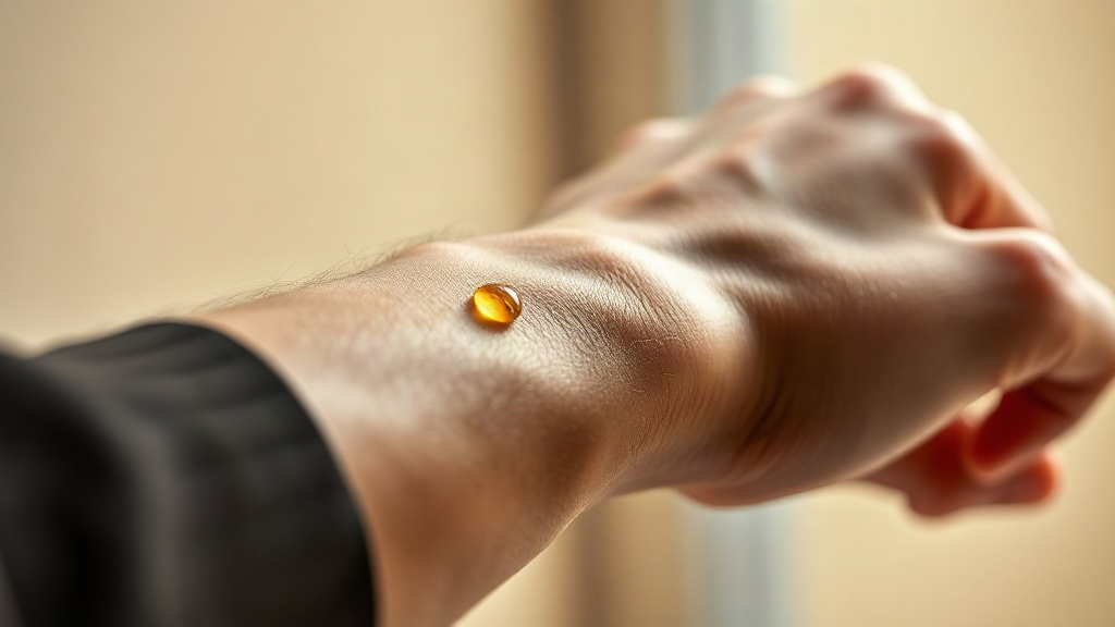 close-up macro photography of a man's wrist and hand, a few drops of perfume glistening on the skin, soft natural w