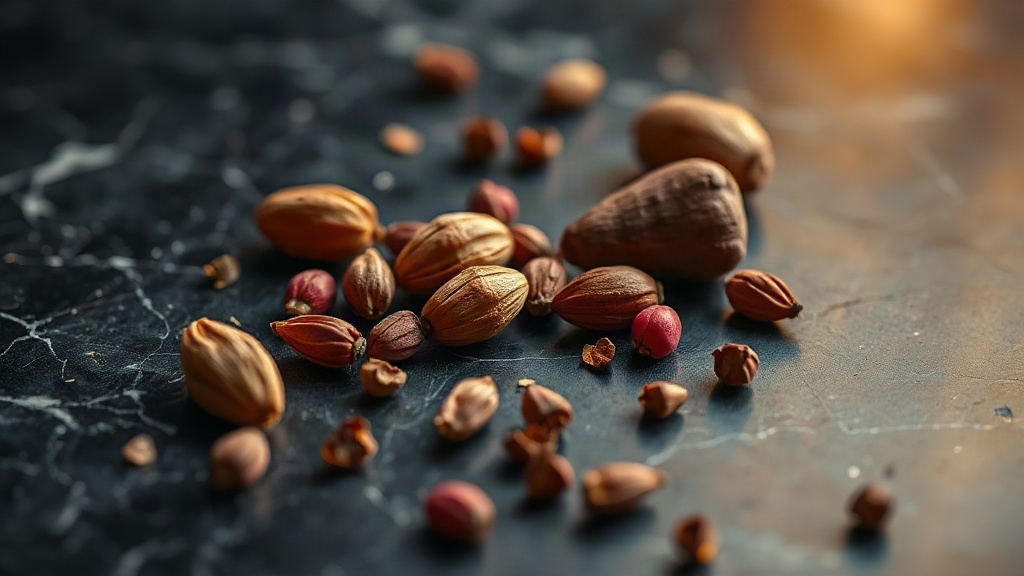 Macro close-up of cardamom pods, pink peppercorns, and chestnut scattered on a dark marble surface with soft golden side