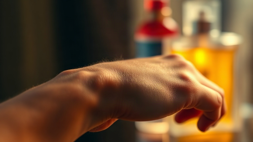 Close-up photograph of a bare wrist and hand in soft warm light, fingertips gently touching the inner wrist in a perfume