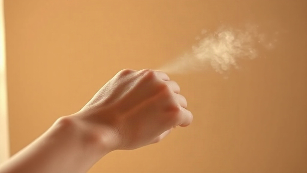 close-up of a wrist and hand, perfume spray mist lightly visible in the air above the skin, soft natural window light, m