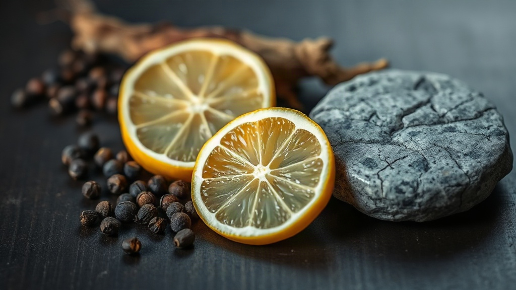 close-up macro shot of fresh bergamot citrus slices, whole black peppercorns, vetiver root fibers and a rough grey flint
