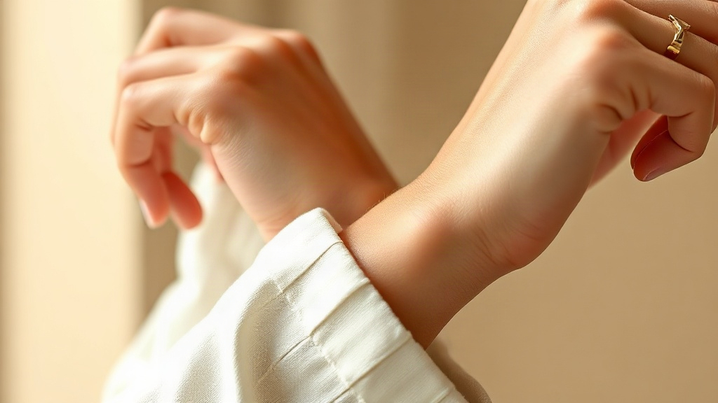 Close-up photograph of a woman's wrist and hand, fingers gently touching the inner wrist as if applying perfume, so