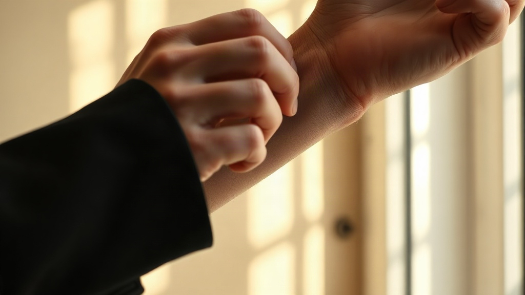 close-up photograph of a hand applying perfume to the inner wrist, soft natural window light, elegant male wrist and for