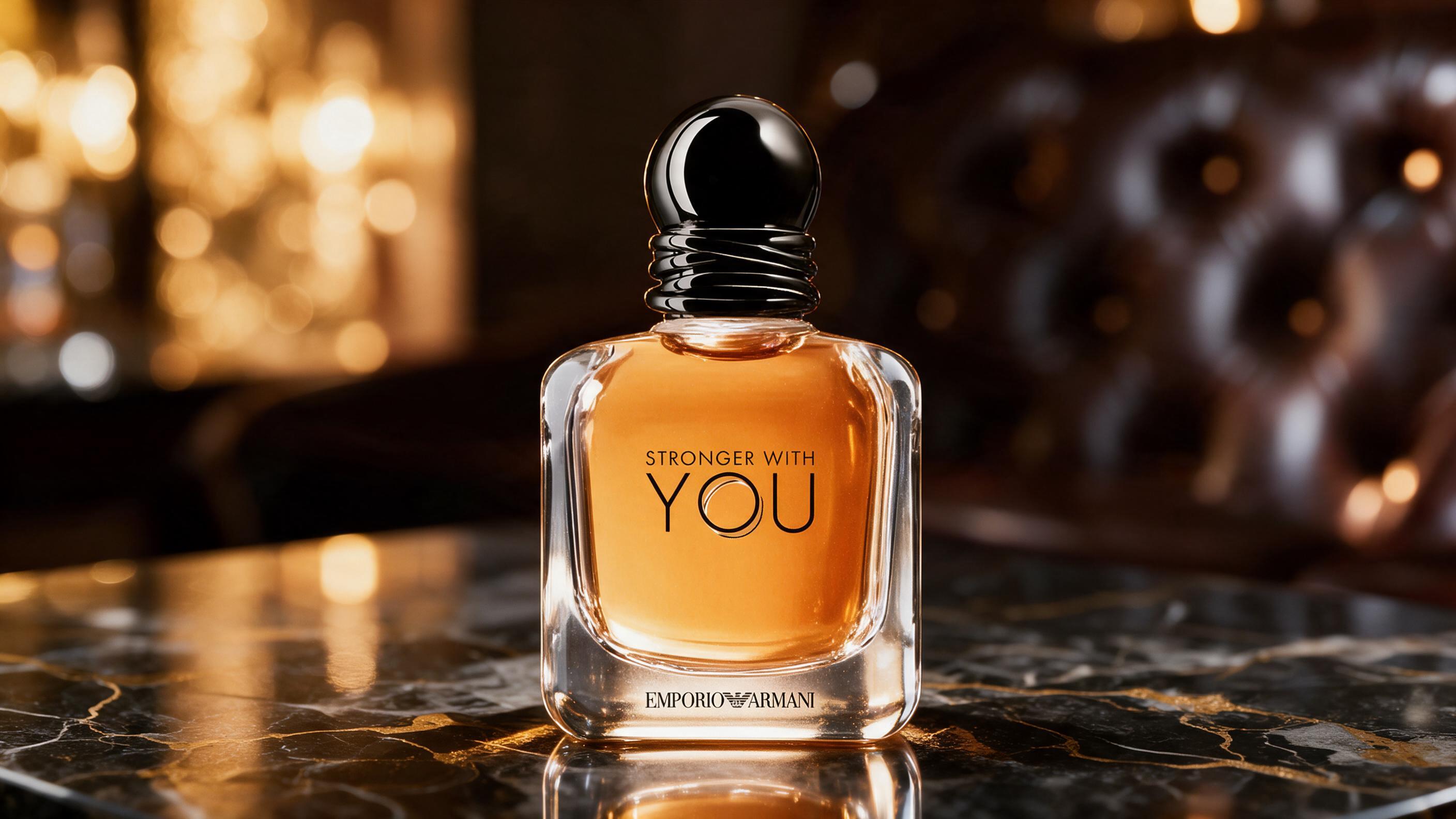 elegant male fragrance bottle on dark marble surface with warm golden lighting, amber liquid visible through glass, soft