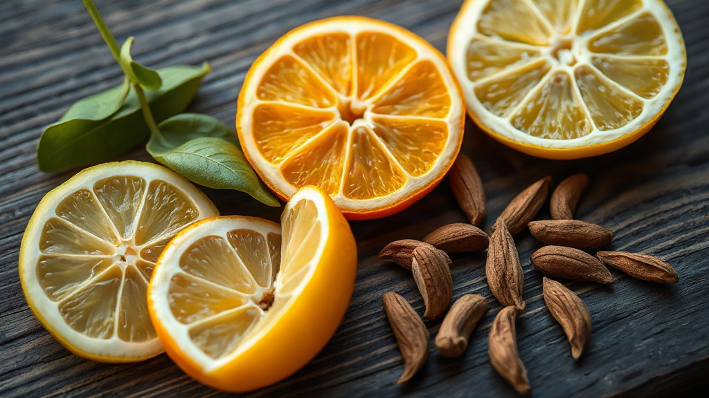 close-up macro photograph of fresh bergamot slices, mandarin peel, green tea leaves and cardamom pods arranged on a dark