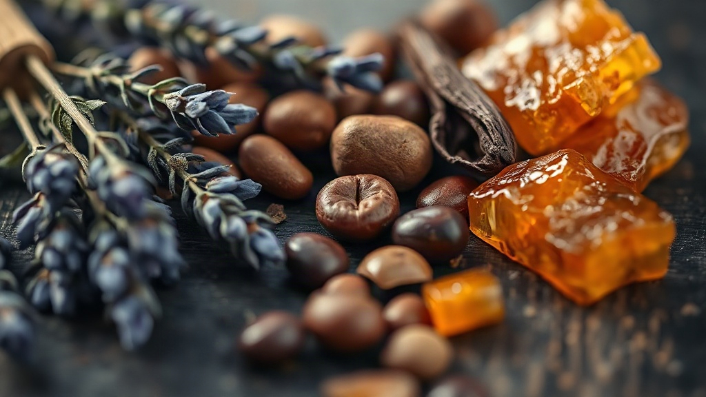 Close-up macro photography of perfume raw materials arranged on dark wood surface, lavender sprigs, tonka beans, vanilla