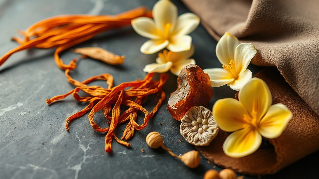 close-up still life of raw perfume ingredients on dark marble surface, strands of saffron, amber resin chunks, suede lea