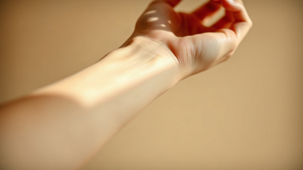 close-up photograph of a single wrist with a delicate hand gently touching the inner wrist, soft natural window light, w