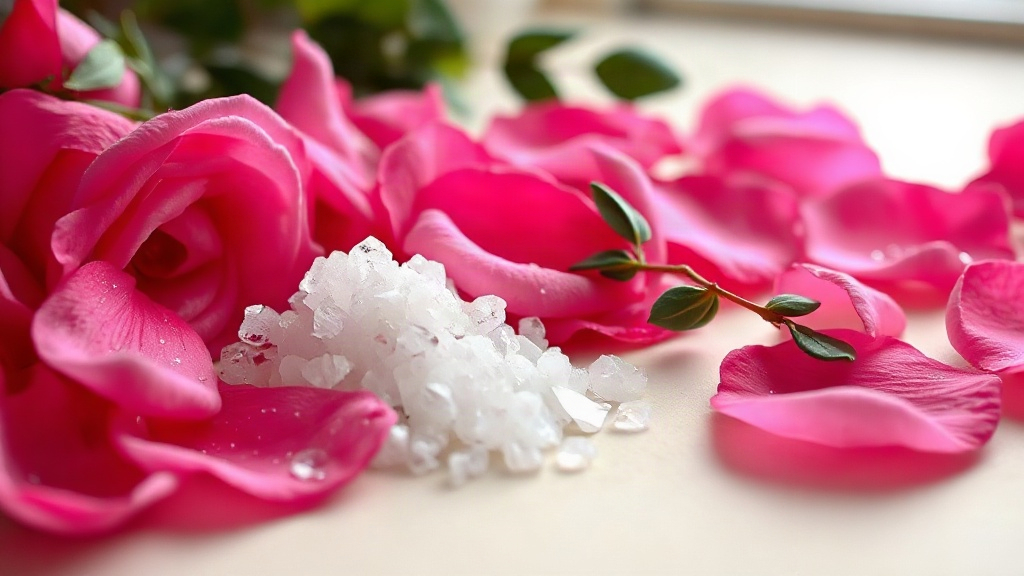close-up macro photograph of fresh pink rose petals scattered beside a small pile of white musk crystals and a sprig of 