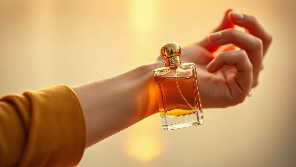 close-up photo of an elegant hand applying perfume to the wrist, delicate gesture, soft golden hour lighting, minimal bl