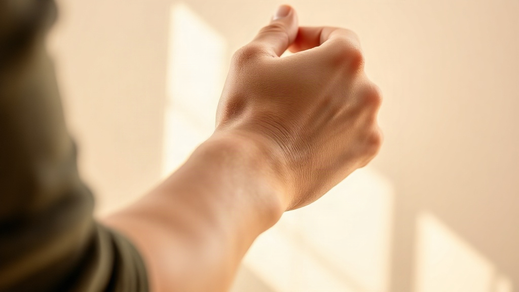 Close-up of a man's wrist and hand, fingertip gently touching the inner wrist, soft natural window light, neutral b