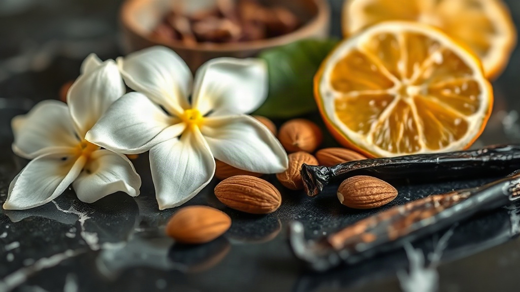 Close-up still life of perfume raw ingredients: fresh jasmine blossoms, bergamot citrus halves, cacao beans, almonds and