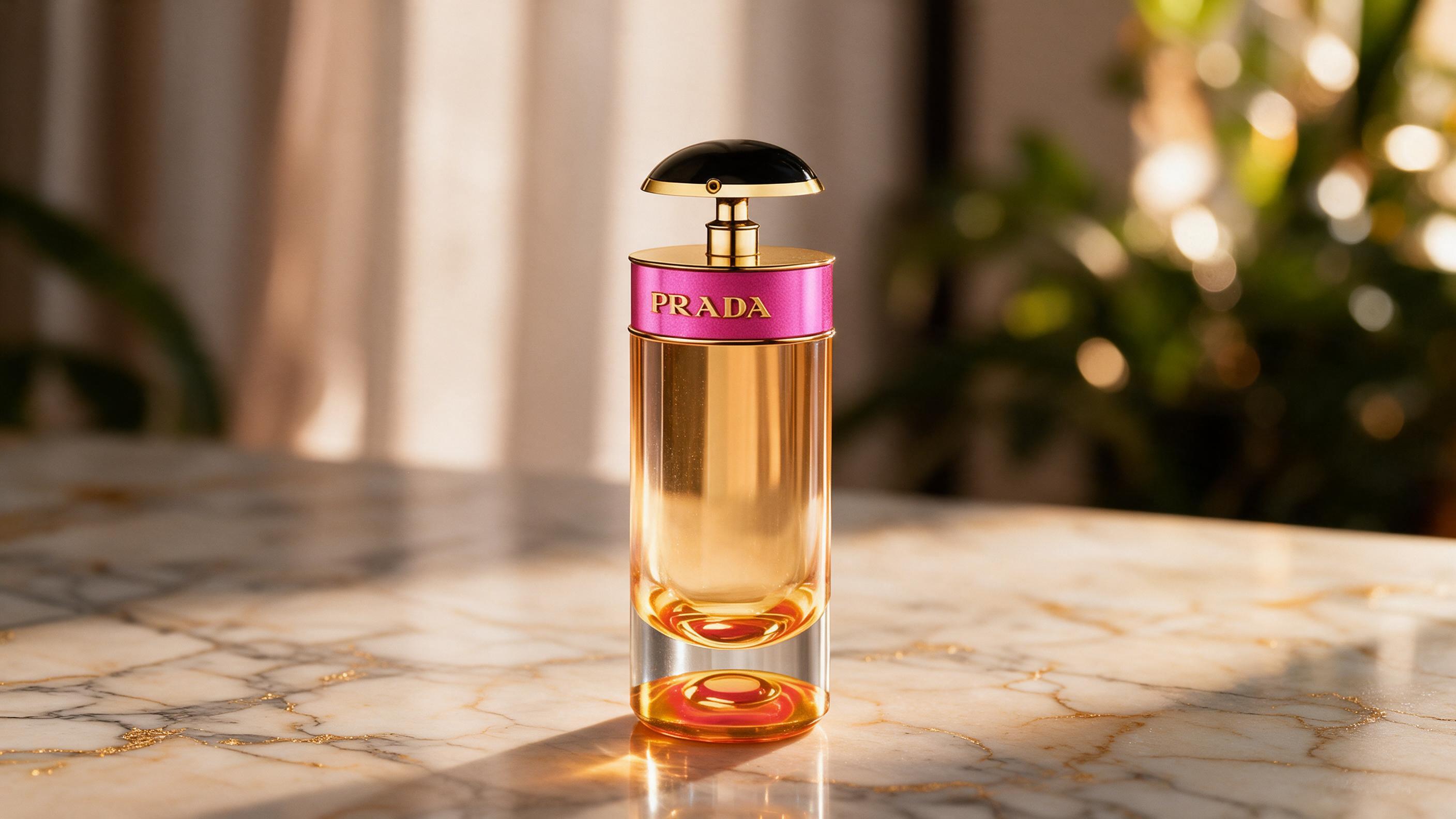 elegant Prada perfume bottle standing on a polished marble surface, soft golden side lighting, minimalist luxury product