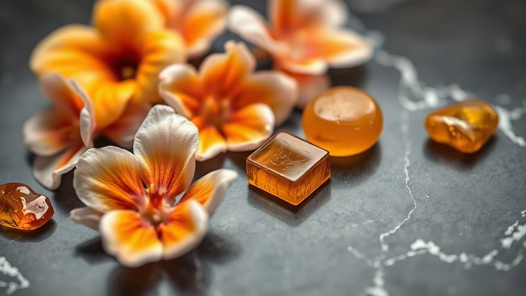 Close-up still life of peach blossoms, orange blossom flowers, and amber resin chunks arranged on a dark marble surface,