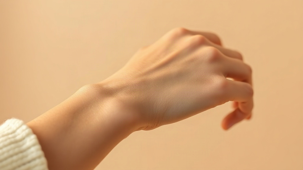 Close-up of a woman's wrist and hand with delicate fingers gently touching skin near the pulse point, soft golden h