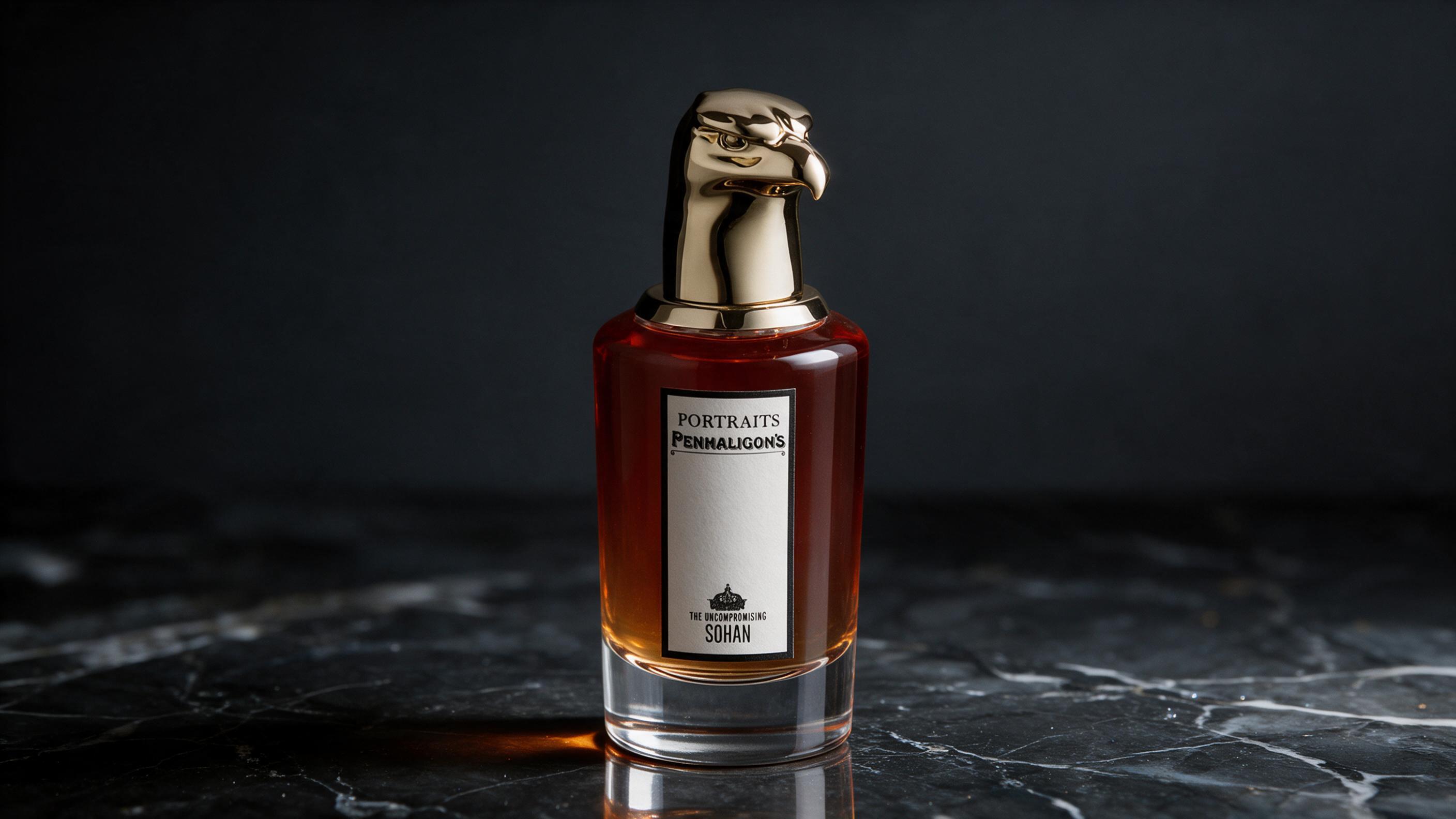 elegant Penhaligon's Portraits perfume bottle photographed on a dark polished marble surface, dramatic studio light