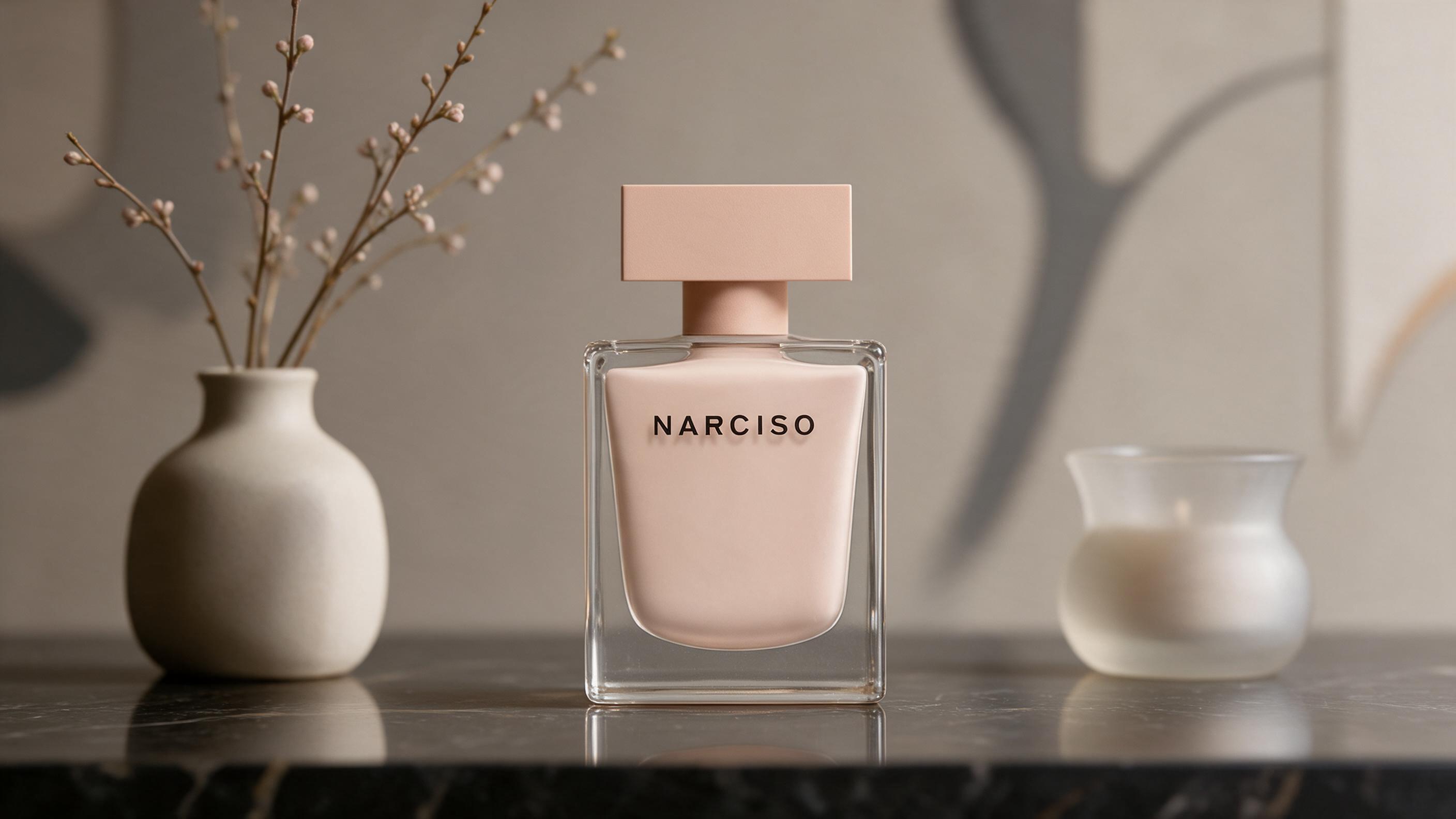 Elegant rectangular perfume bottle with soft pink and beige tones, minimalist label, standing on a reflective dark surfa
