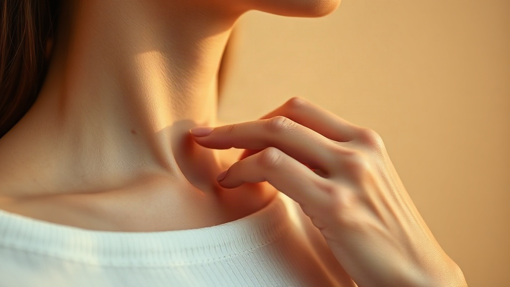 Close-up of a woman's wrist and hand gently resting near her collarbone, soft golden afternoon light, delicate skin