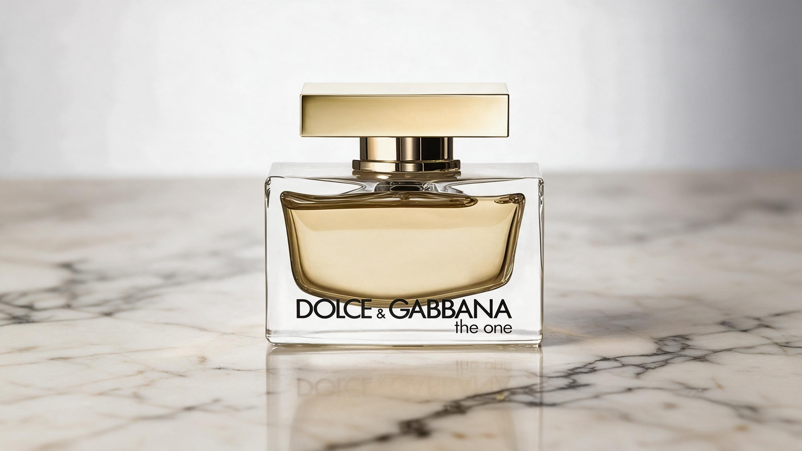 elegant glass perfume bottle with gold cap on a marble surface, soft studio lighting, minimal composition, luxury produc