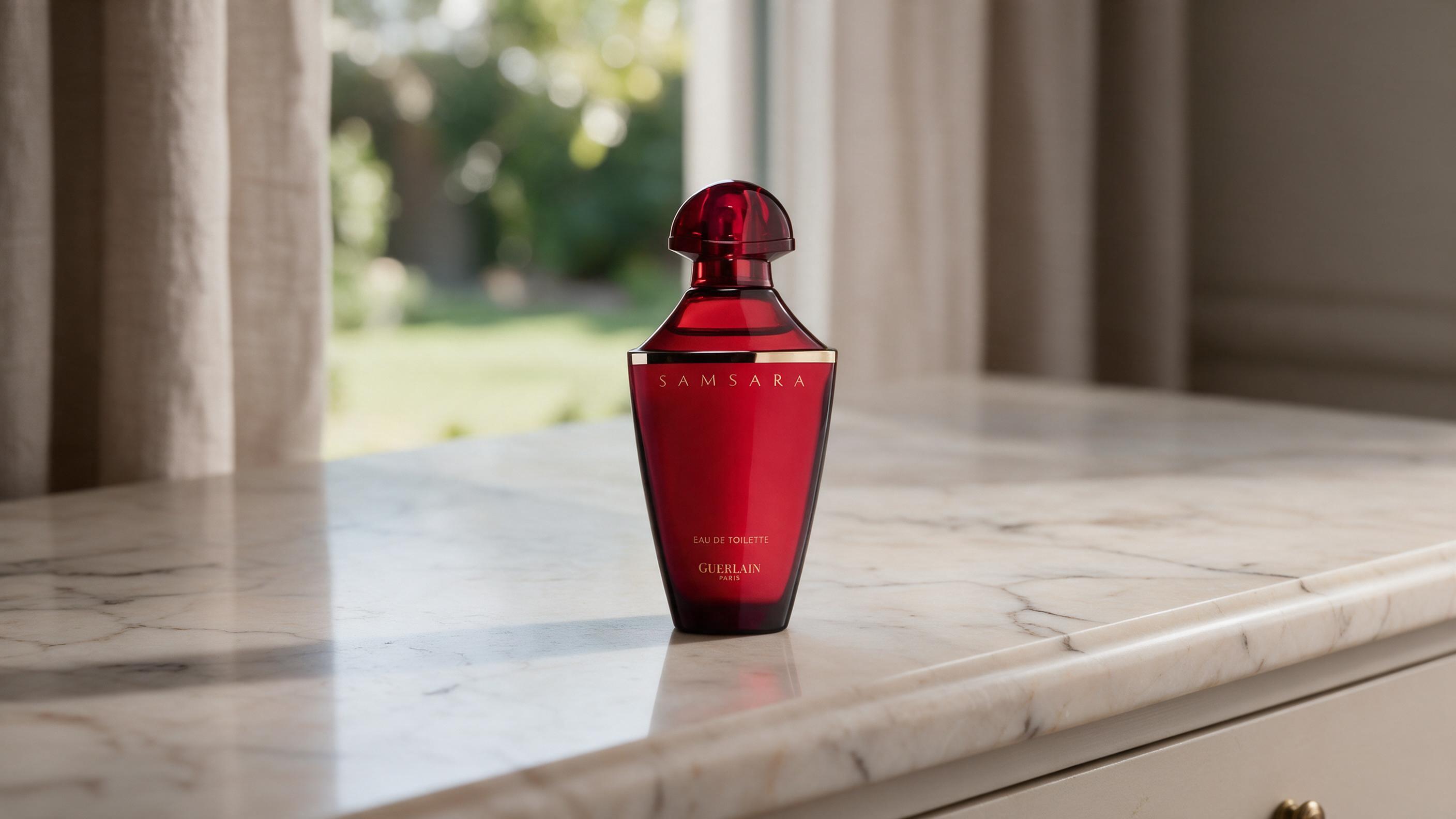 elegant Guerlain Samsara perfume bottle on a marble vanity table, soft diffused light, minimal styling, blurred neutral 