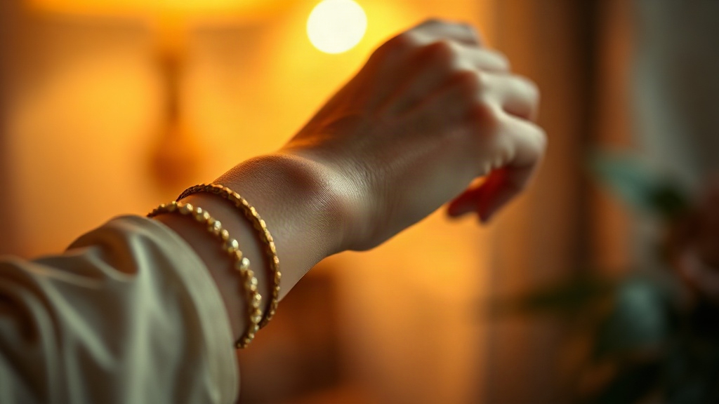 Close-up photograph of an elegant woman's wrist and hand, fingertips gently touching the inner wrist, soft warm eve