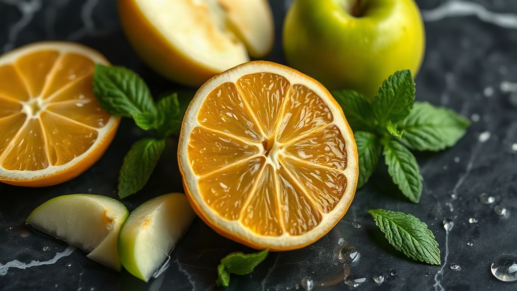 close-up macro shot of fresh bergamot citrus halves, green apple wedges, and mint leaves arranged on a wet dark marble s