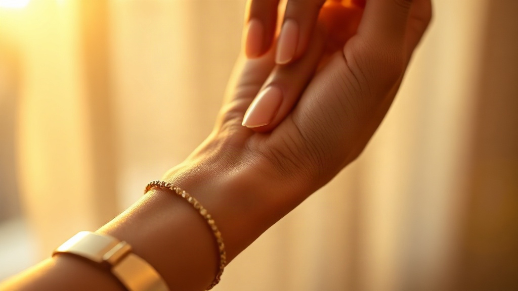 elegant woman's wrist and hand gently applying perfume near the pulse point, golden hour warm light, soft bokeh bac