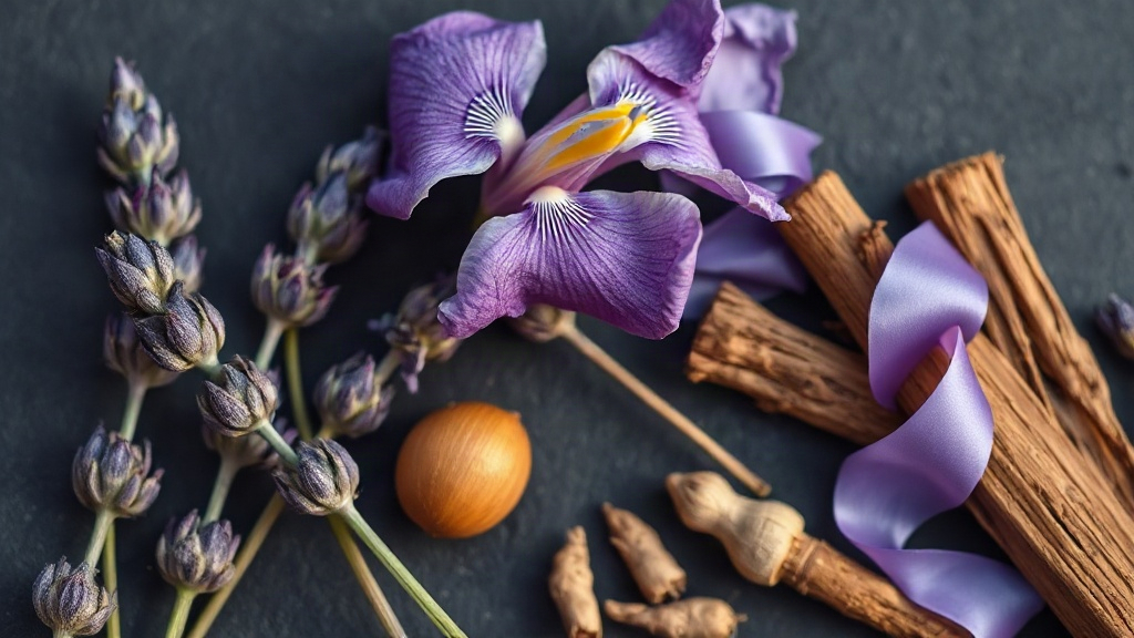 Close-up flat lay of perfume raw materials: fresh lavender sprigs, purple iris flowers with visible rhizome, and vetiver