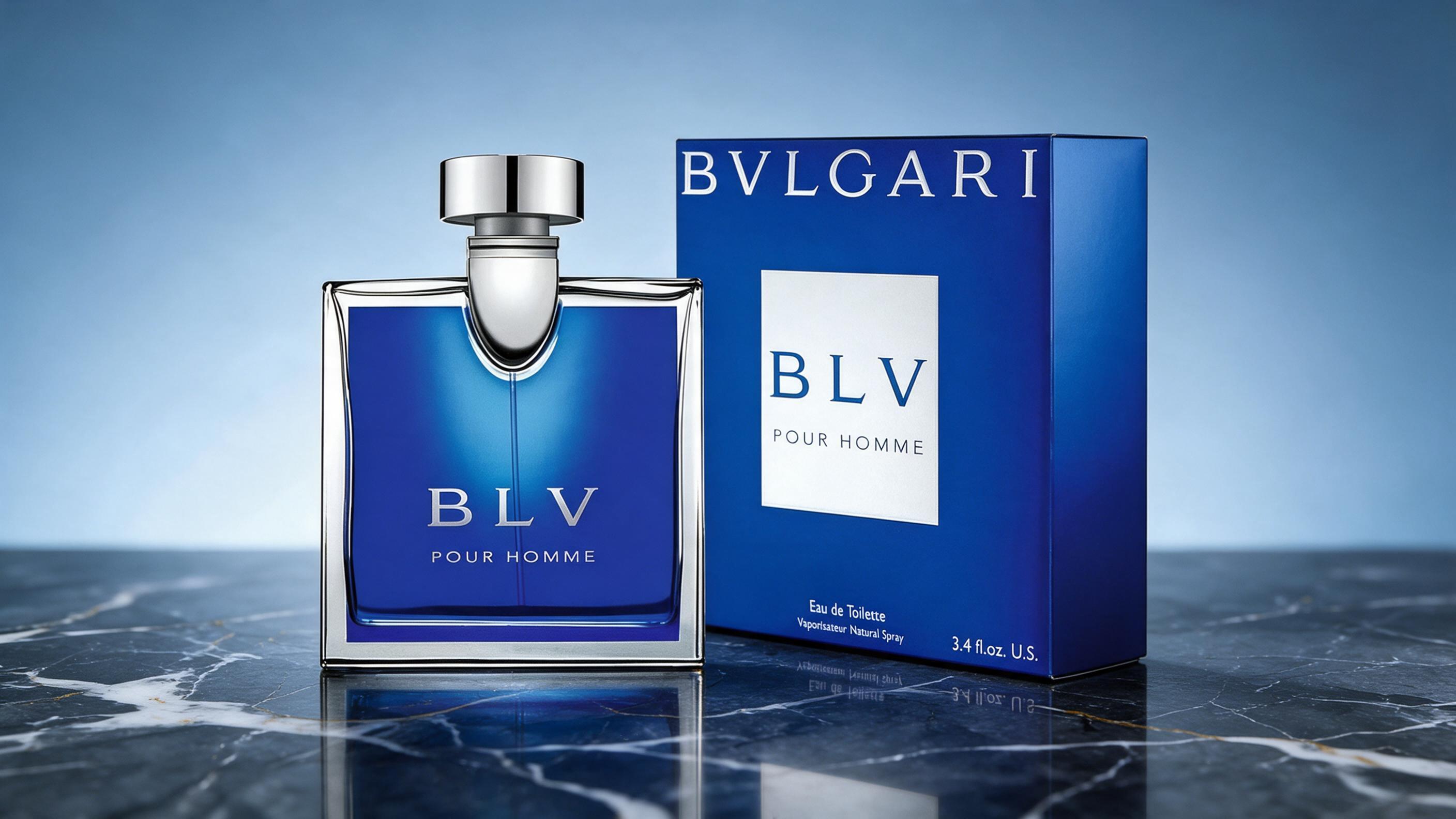 elegant product photograph of a Bvlgari BLV men's eau de toilette perfume bottle standing on a marble surface, blue