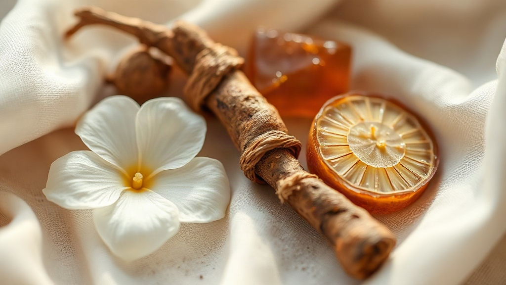 close-up macro photograph of jasmine blossoms, iris root slices, and amber resin arranged on soft cream fabric, warm nat