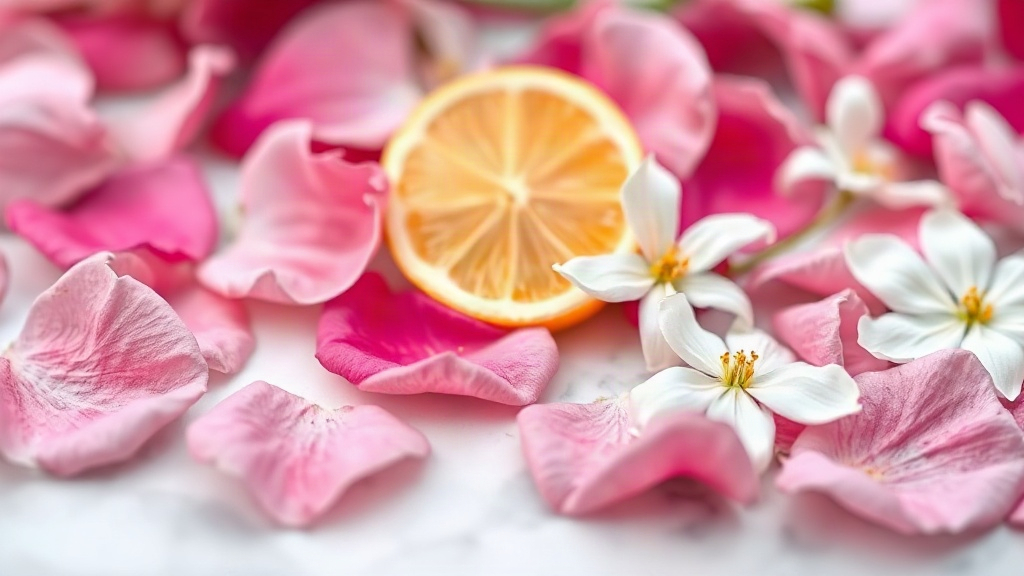 close-up macro photo of fresh pink rose petals, bergamot slices and white jasmine blossoms scattered on a soft marble su