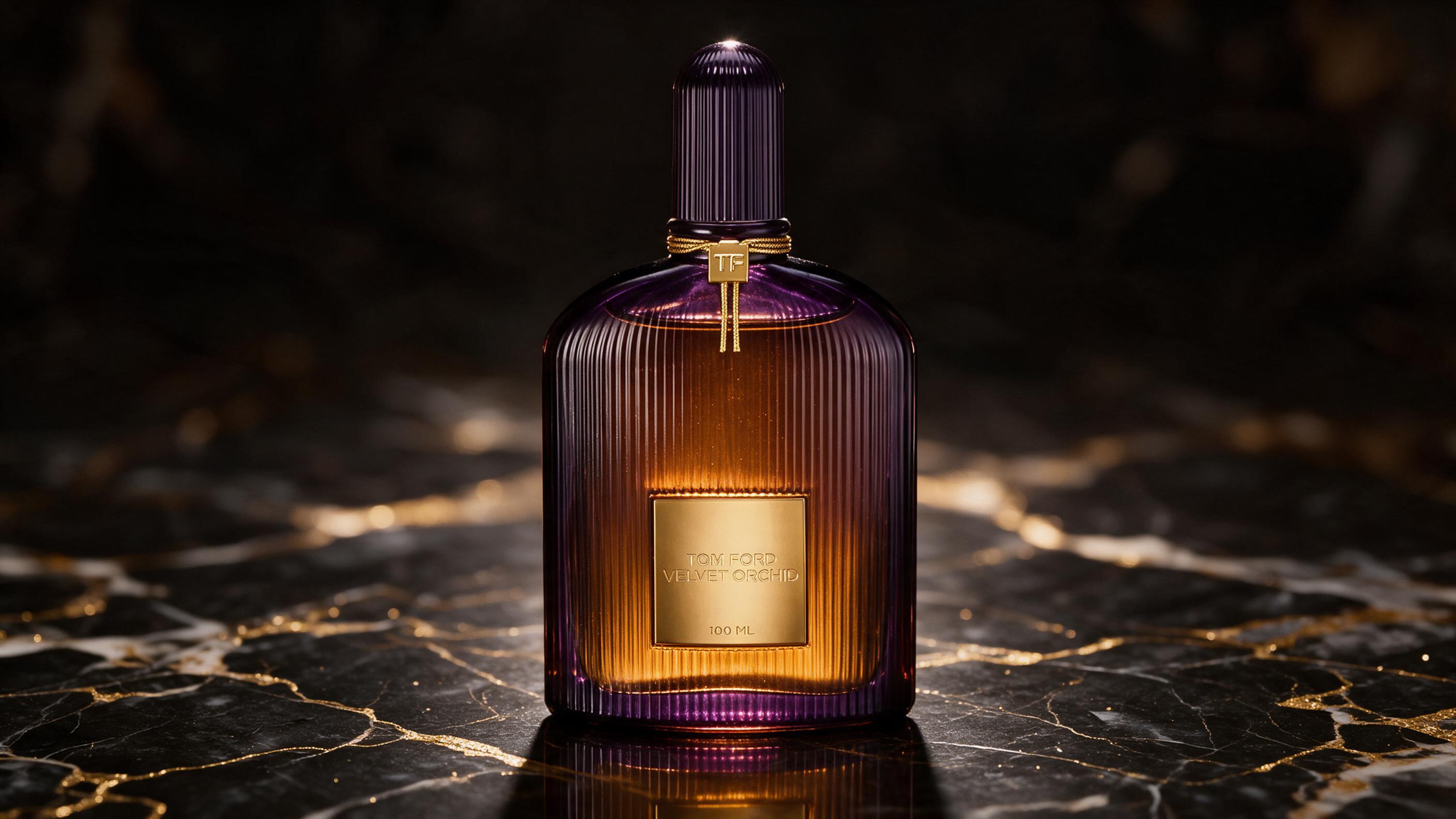Professional product photograph of a Tom Ford Velvet Orchid Eau de Parfum bottle with deep amber liquid and black cap, p
