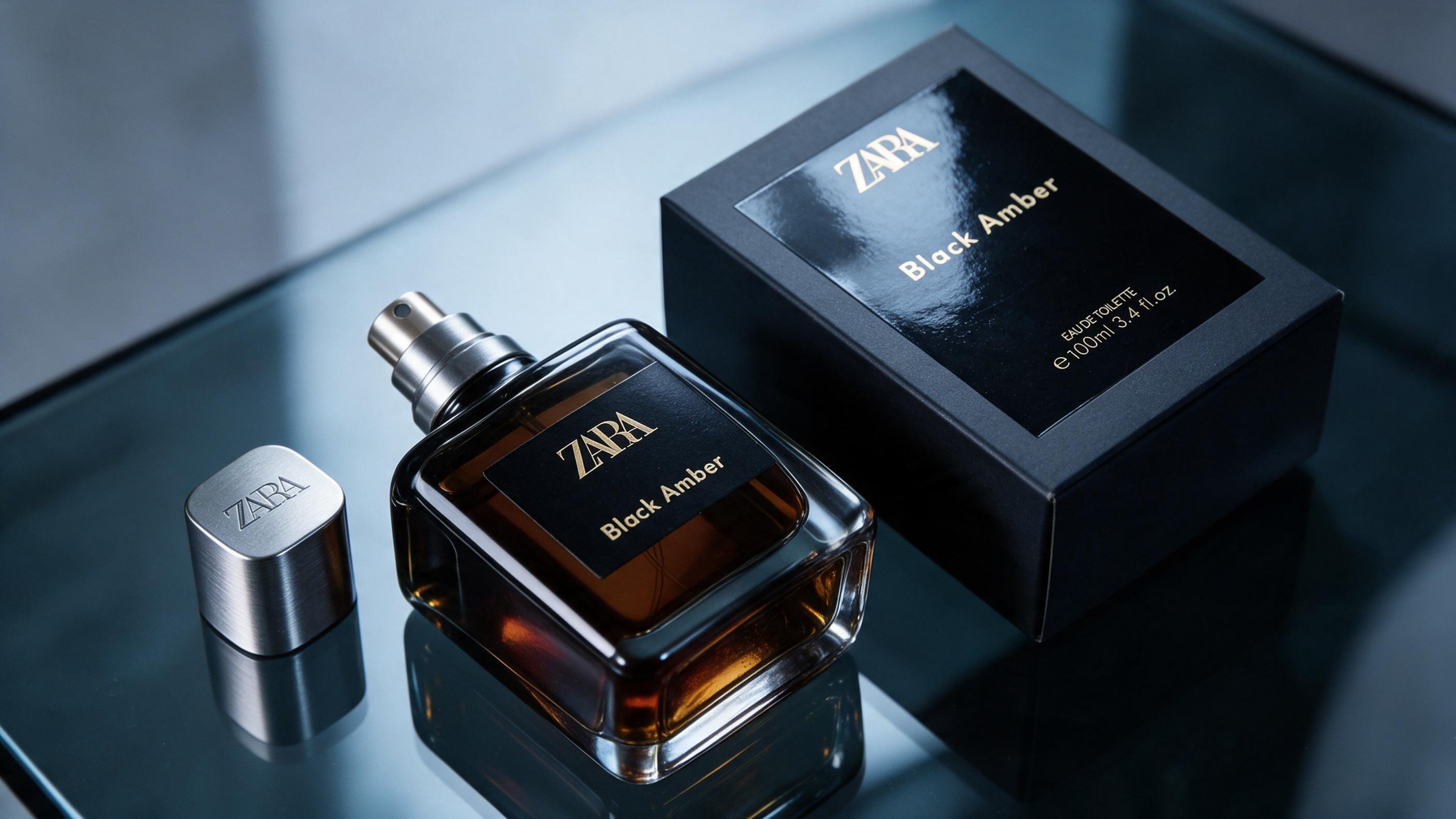 Photorealistic close-up product photography of a men's cologne bottle with a brushed silver cap, clear glass body,