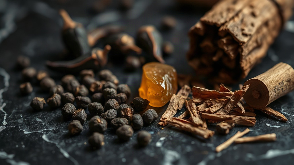close-up macro photograph of dark spice pods, cracked black pepper, amber resin chunks and cedar wood shavings arranged