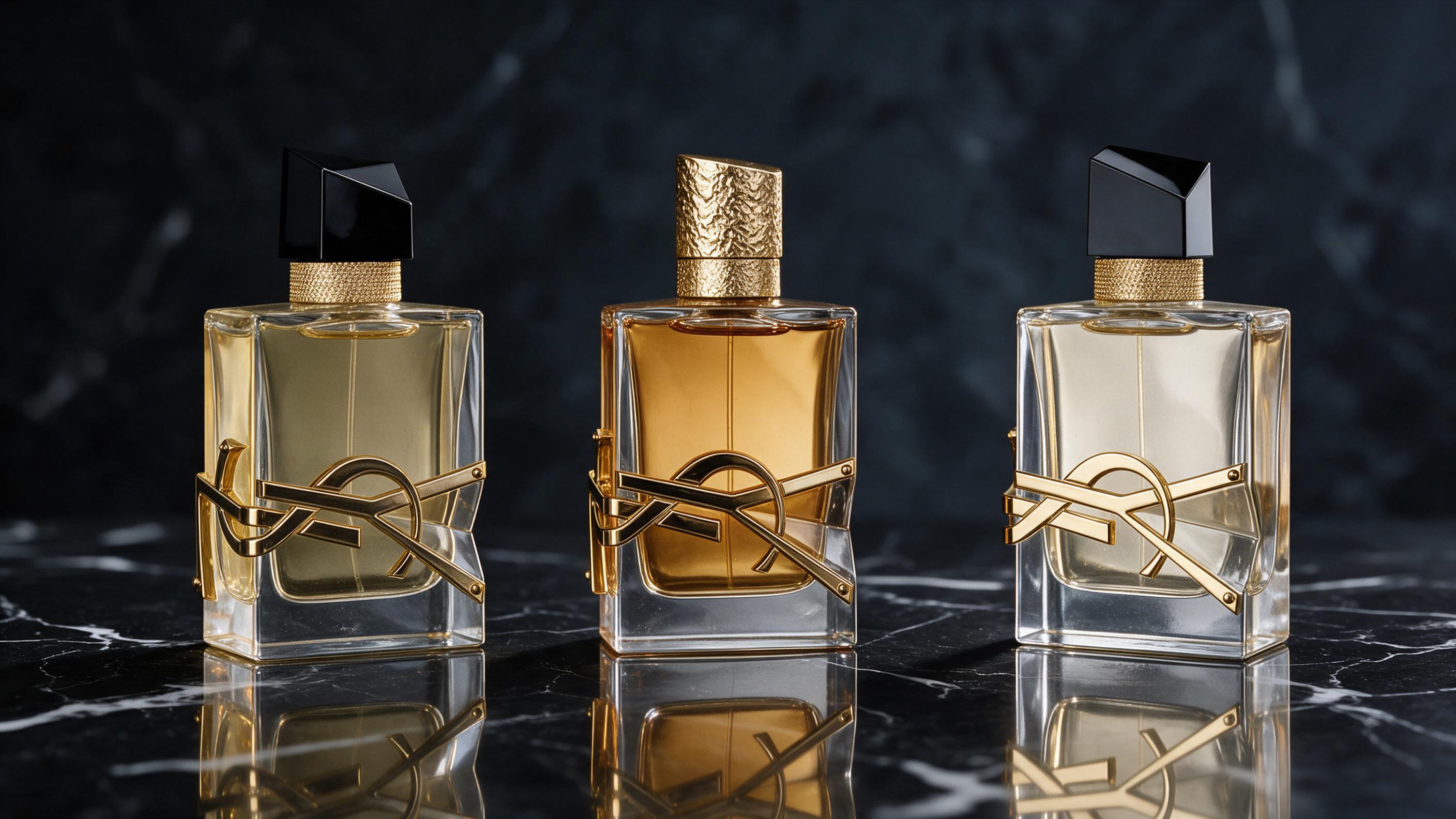Elegant product photography of a lineup of three Yves Saint Laurent Libre perfume bottles of different concentrations st
