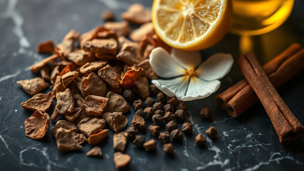 close-up macro photograph of perfume raw materials on a dark marble surface, oud wood chips, fresh jasmine flowers, berg
