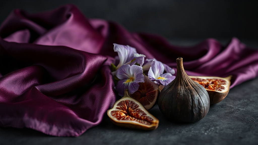deep purple silk fabric draped in soft folds next to fresh iris flowers and a few sliced dried figs on a dark surface, w