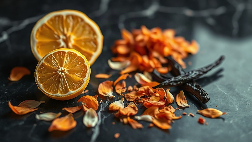 close-up macro photography of perfume raw materials arranged on dark marble surface, fresh bergamot halves, scattered or