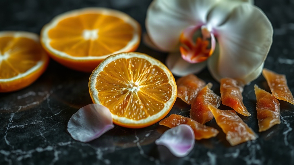 close-up macro photography of fresh tangerine slices, ripe pear, orchid petals and caramelized toffee shards arranged to