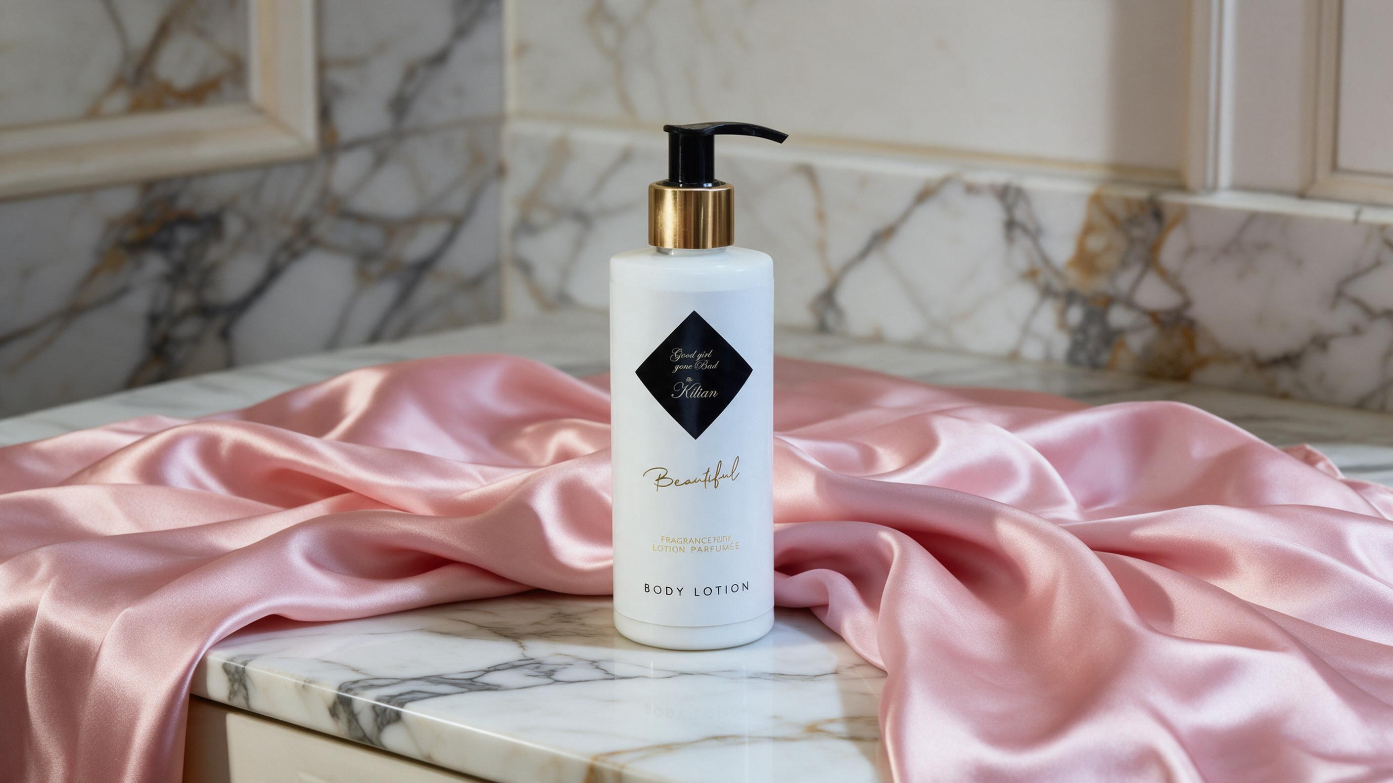 Elegant perfumed body lotion pump bottle standing on a marble vanity surrounded by soft pink silk fabric, warm golden st