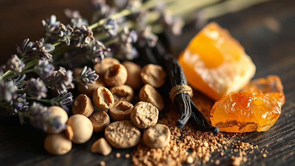 close-up macro photograph of fresh lavender sprigs, dried tonka beans, vanilla pods, and chunks of raw amber resin arran