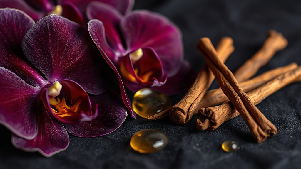 Close-up macro still life photograph of dark purple orchid petals, golden honey drops, cinnamon sticks and vanilla pods