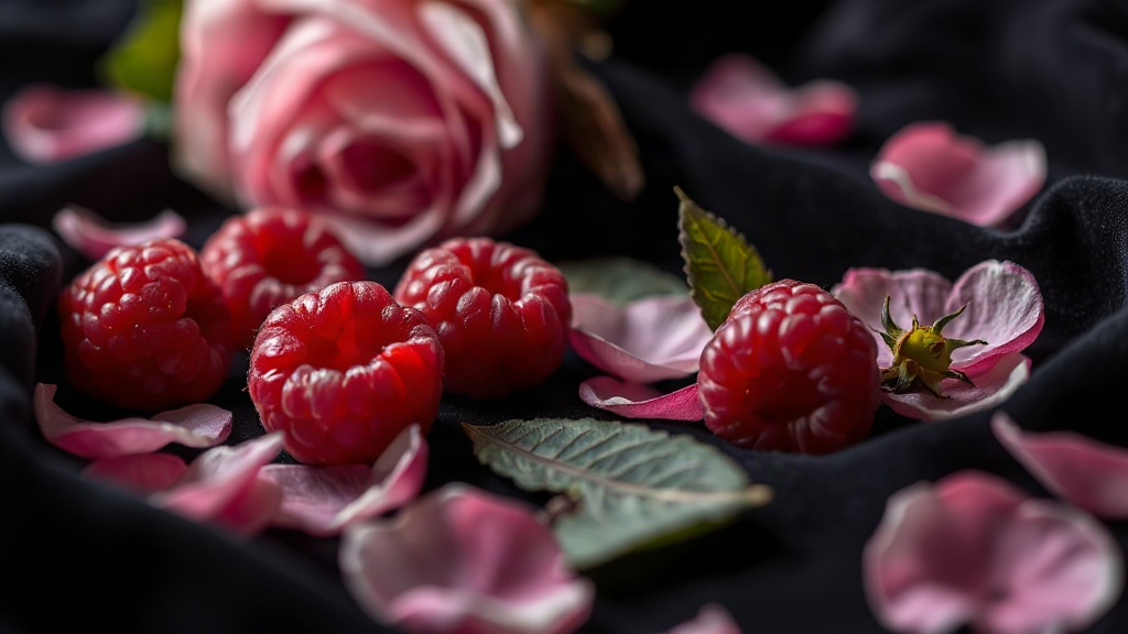 close-up still life of fresh raspberries, pink rose petals scattered across dark velvet fabric, a few vanilla pods and p