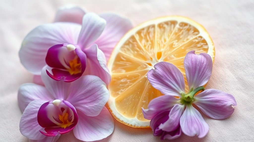 Close-up macro photograph of fresh pink orchid petals, purple grape hyacinth blossoms, and bergamot citrus slices arrang