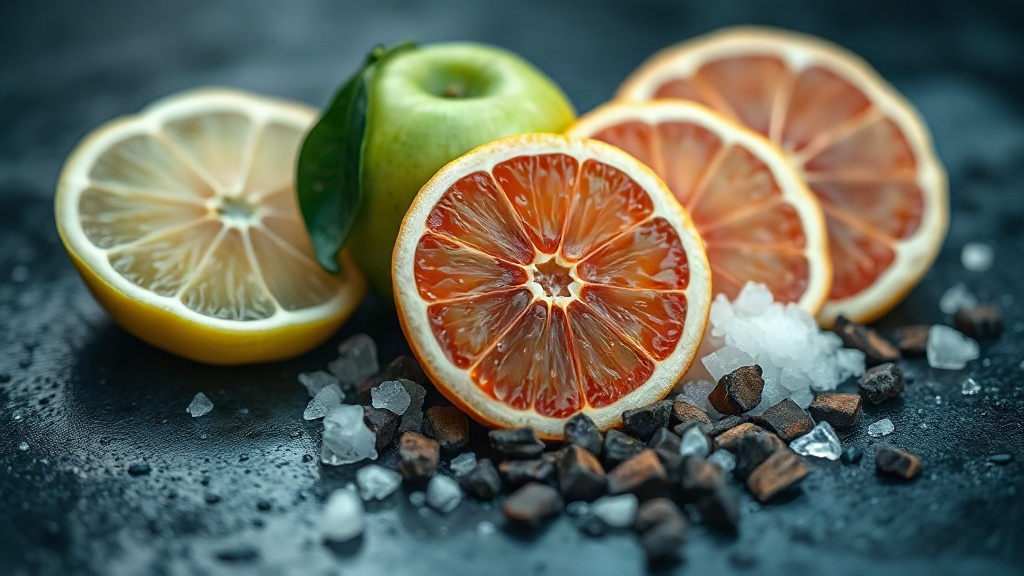 macro photograph of fresh grapefruit slices, green apple, sea salt crystals and dark guaiac wood chips arranged on a wet