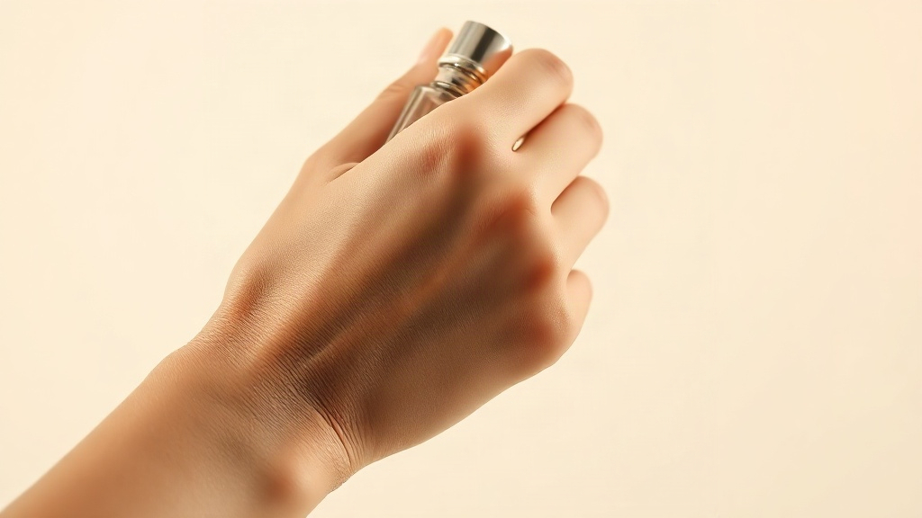 close-up photograph of a woman's wrist and hand gently applying perfume, soft natural light, delicate skin texture,