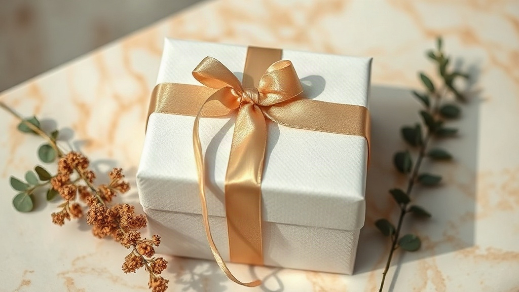 elegantly wrapped gift box with satin ribbon bow, dried flowers and eucalyptus sprigs beside it, placed on a warm marble