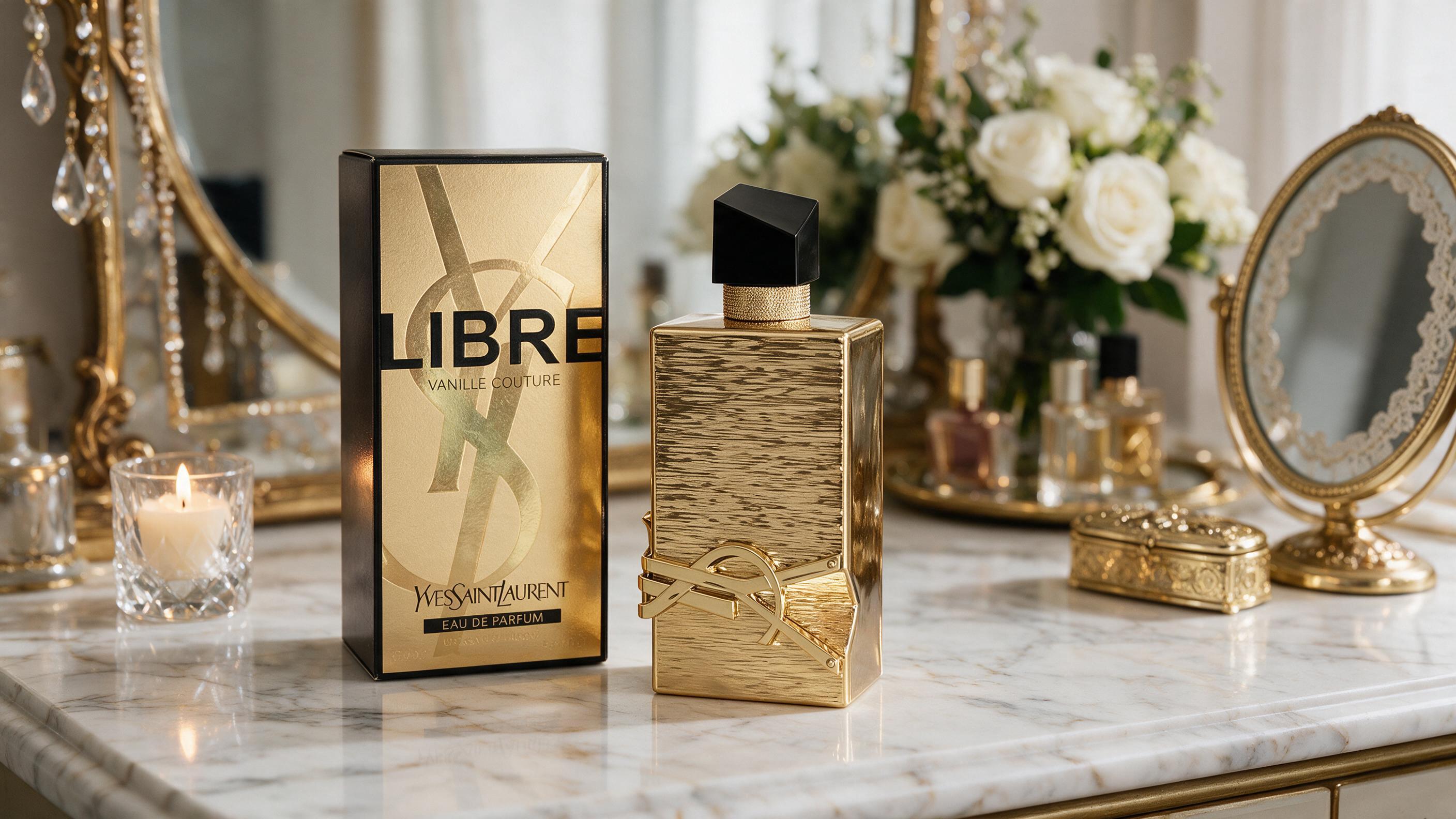 elegant photo of a Yves Saint Laurent Libre perfume bottle with angular glass silhouette and gold cap on a marble vanity