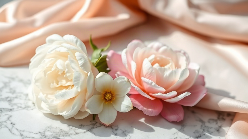 peony and jasmine flowers arranged on a marble surface, soft pink silk fabric, powdery musk texture, delicate natural li