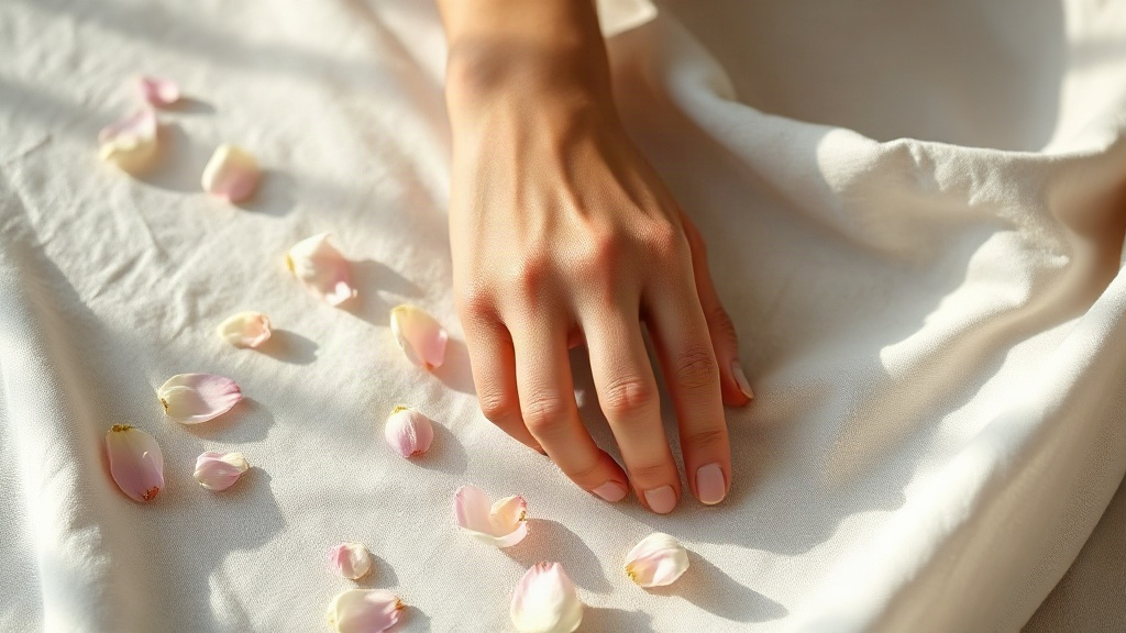 close-up photograph of a woman's wrist and hand resting on soft linen fabric, delicate flower petals scattered near